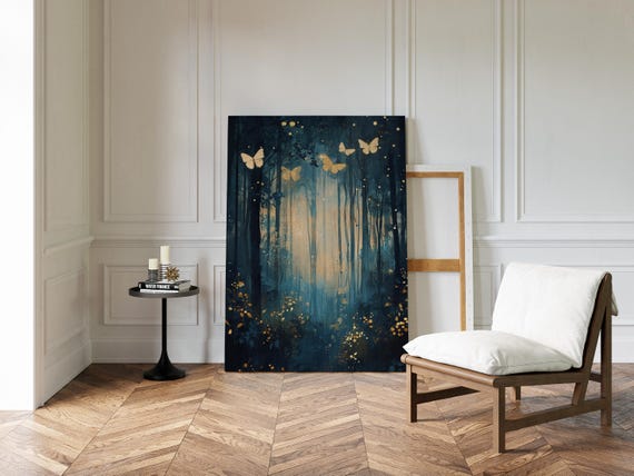 Golden Glow Of Butterflies In Enchanted Forest Mystical Moonlit Wall Art For Nature And Fantasy Enthusiasts