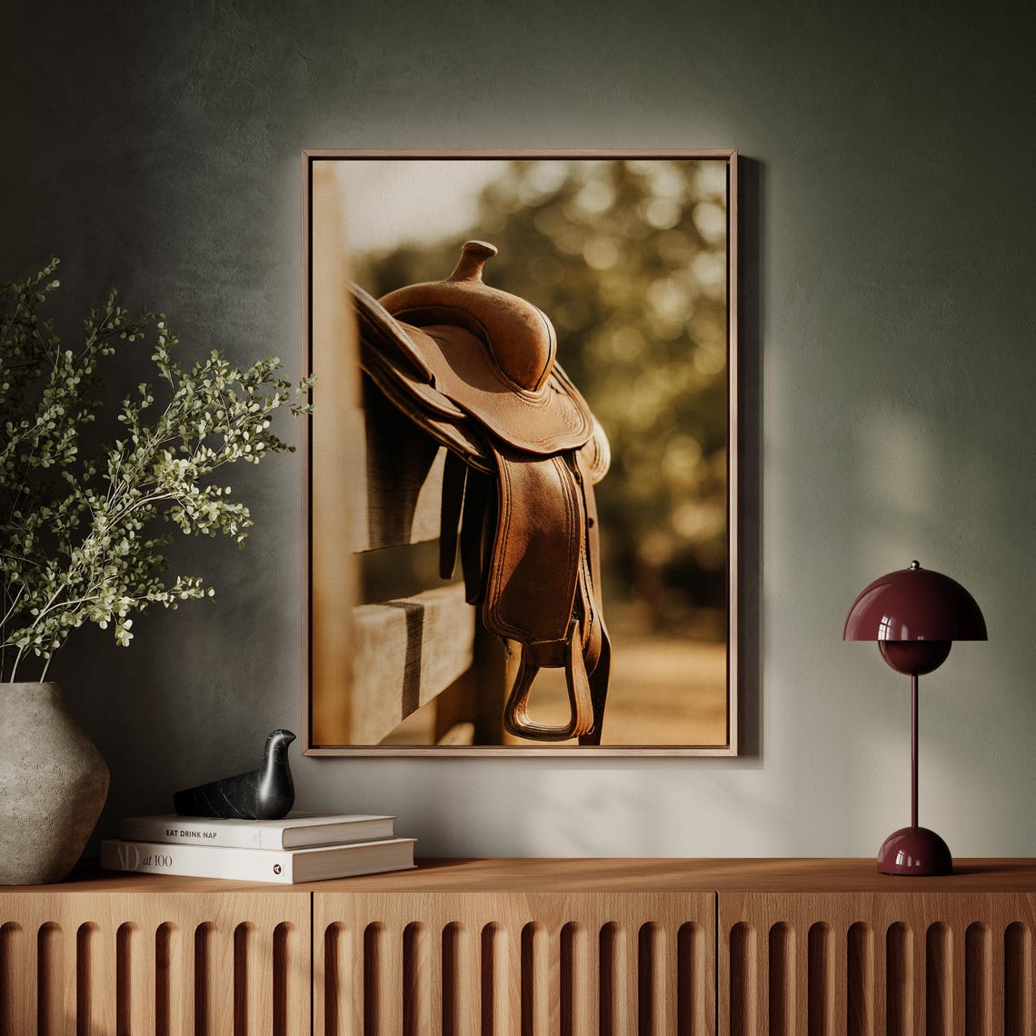Western Saddle Hanging Over Fence Post Warm Sunlight Wall Art