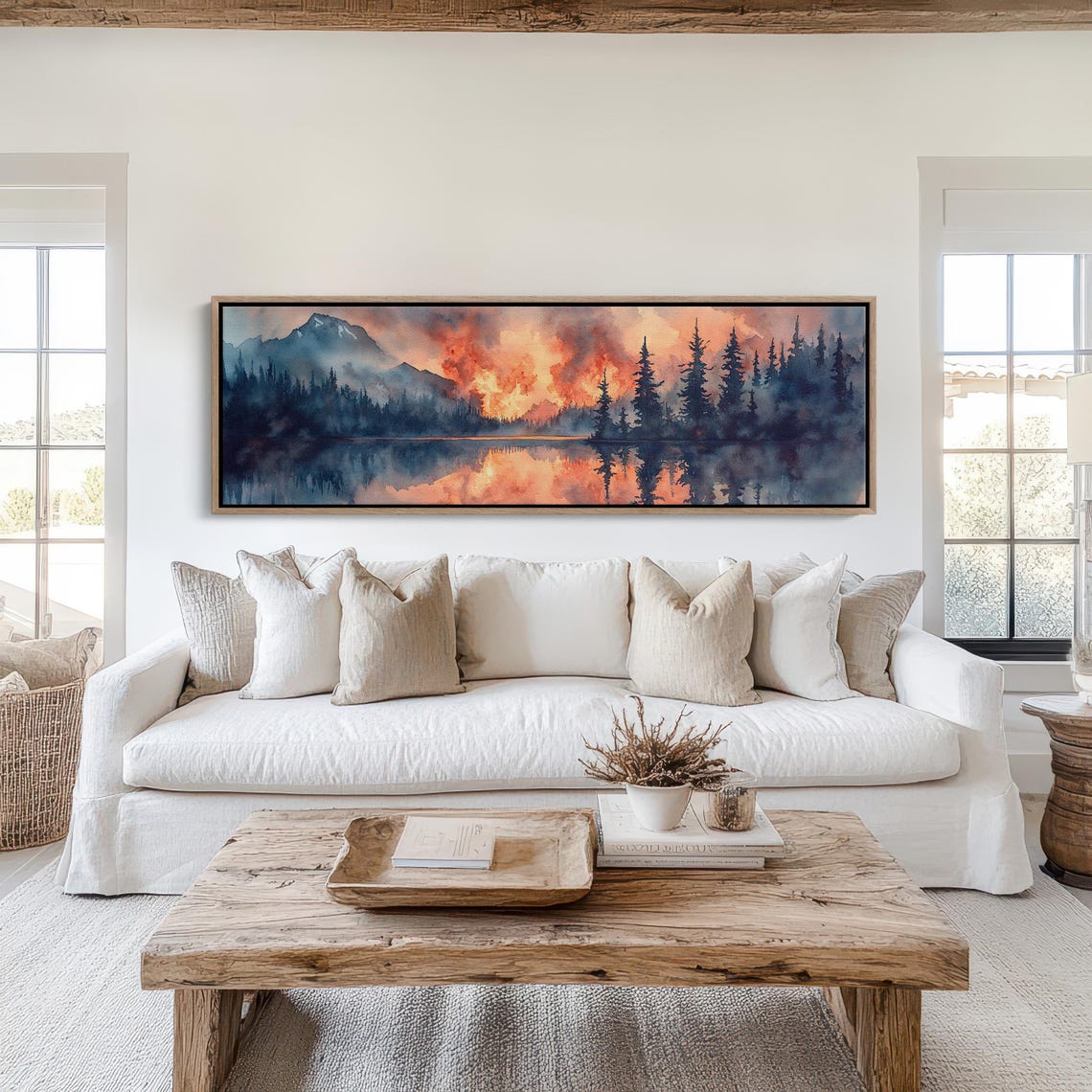 Mountain Forest Fire Reflection Dramatic Landscape Wall Art With Fiery Sunset Over Misty Trees And Mountain Peaks - Image 6