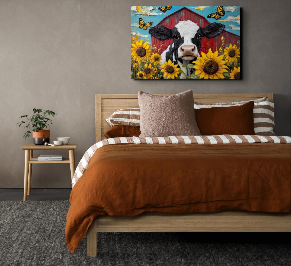 Cow in Sunflowers with Monarch Butterflies Red Barn Folk Poster - Image 6