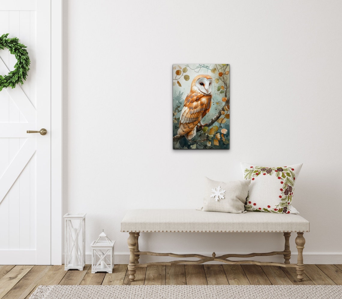 Barn Owl Perched Branch Autumn Leaves Watercolor Bird Poster - Image 4