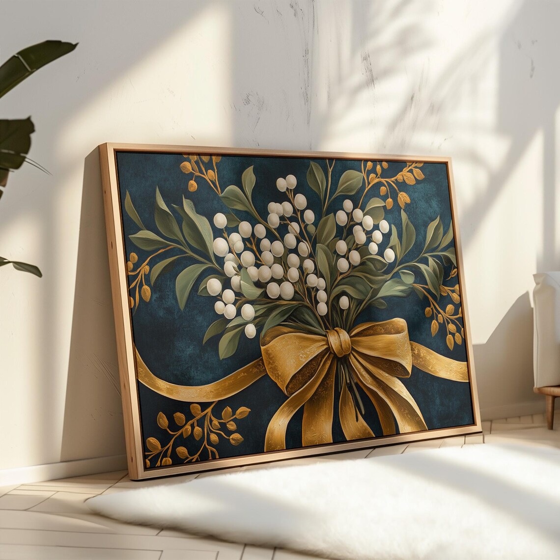 Gold Bow And White Berries Christmas Wall Decor - Image 3