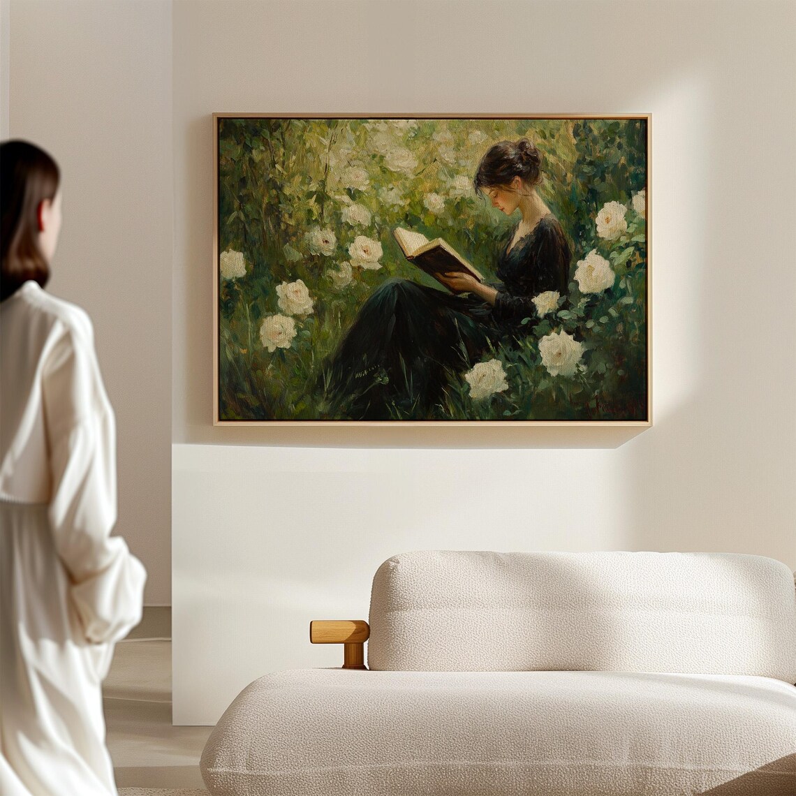 Elegant Woman Reading Among White Roses Vintage Art Print - Image 6