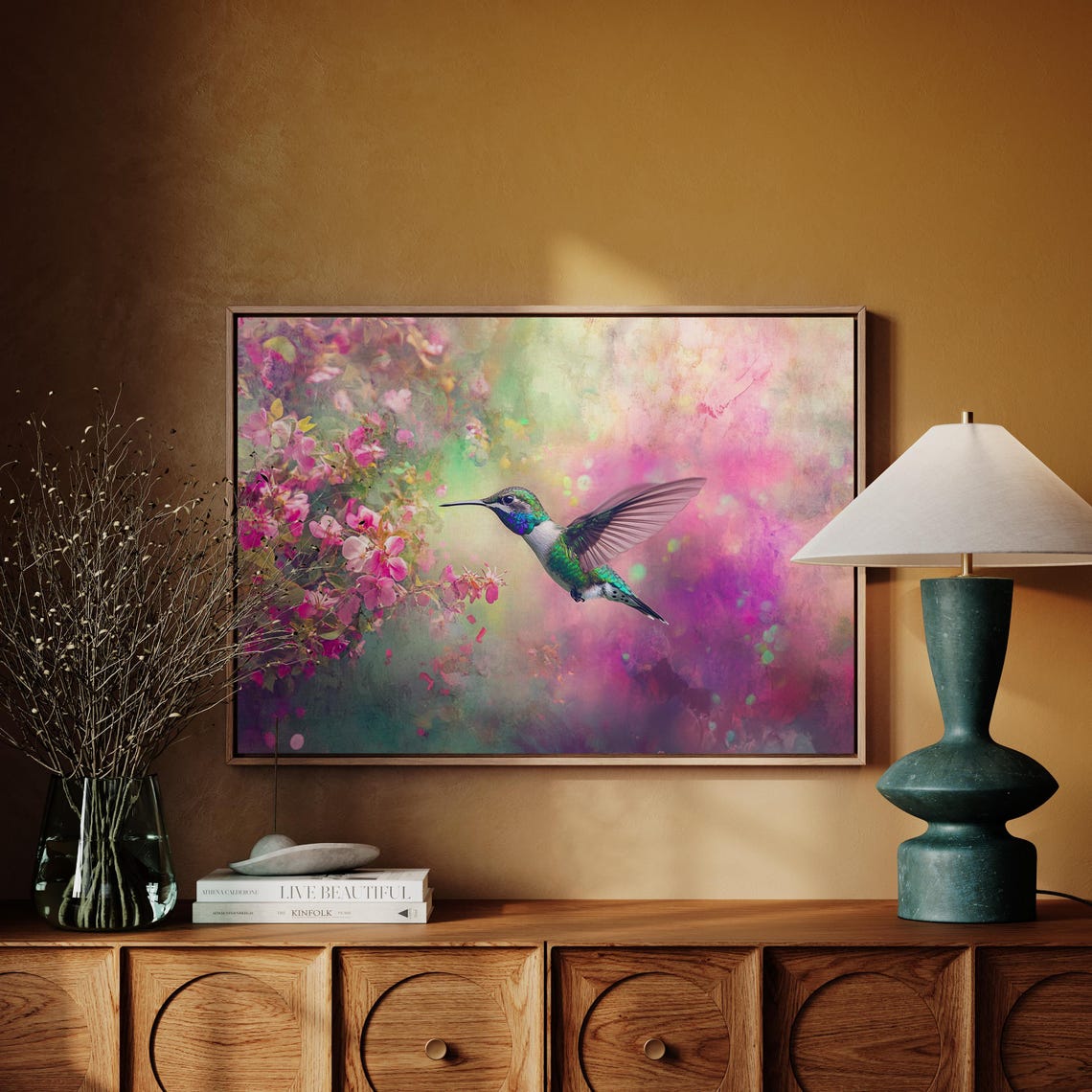 Vibrant Hummingbird Pink Blossoms Colorful Nature Beauty Bird Poster