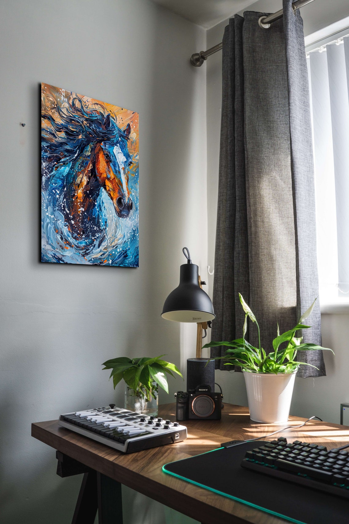 Dynamic Horse Head in Blue Orange Palette Knife Paint Swirl Poster - Image 6
