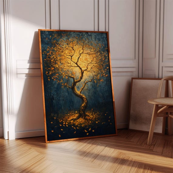 Golden Tree Autumn Forest Art Print, Mystical Decor