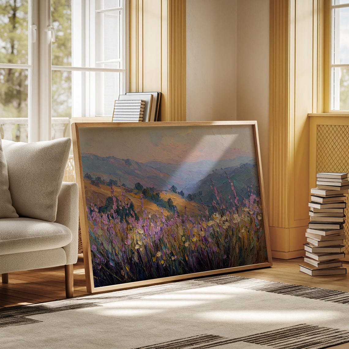 Lavender Field Blooming at Sunset Mountain View Oil Painting Poster