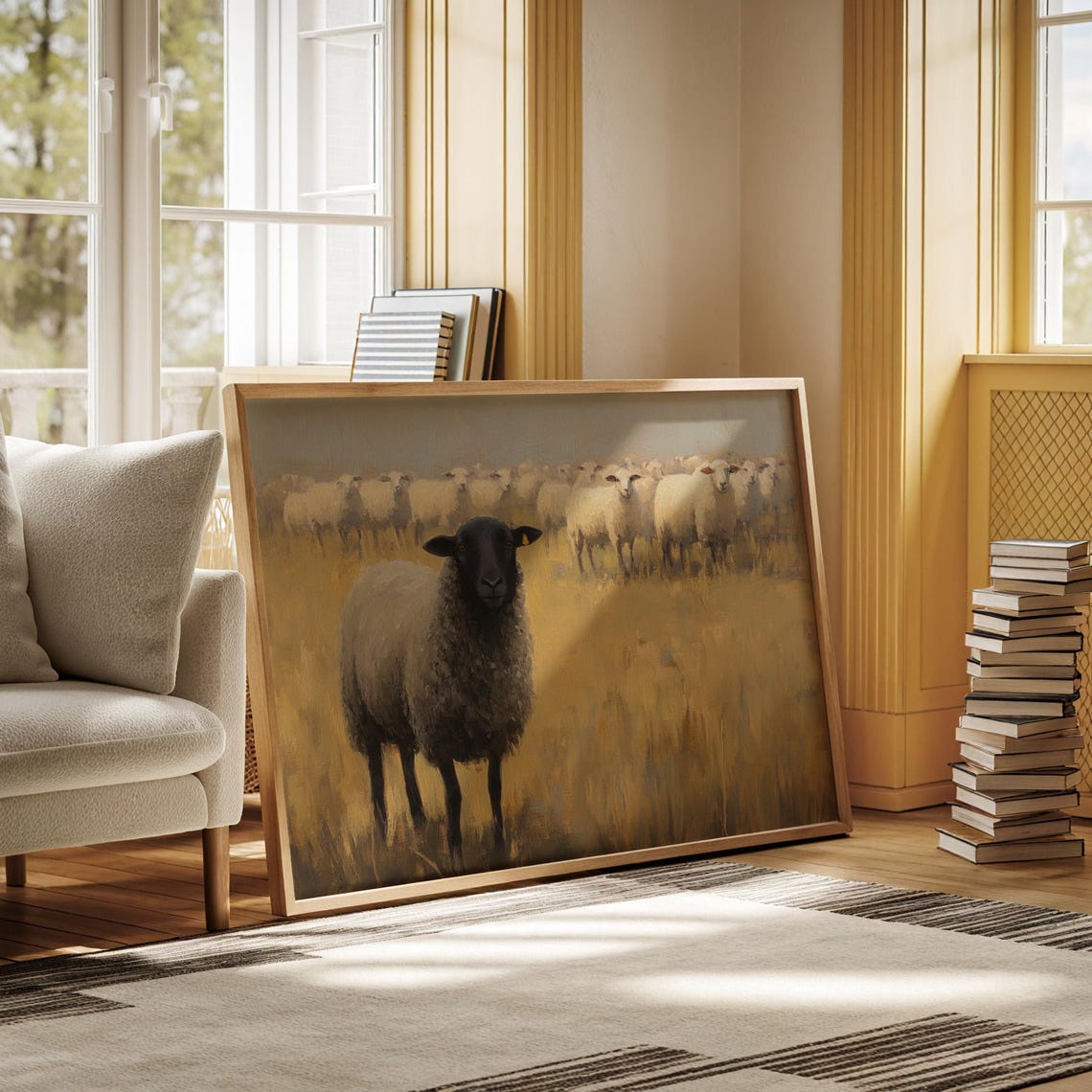 Black Sheep Golden Field Flock Oil Painting Rustic Farm Poster