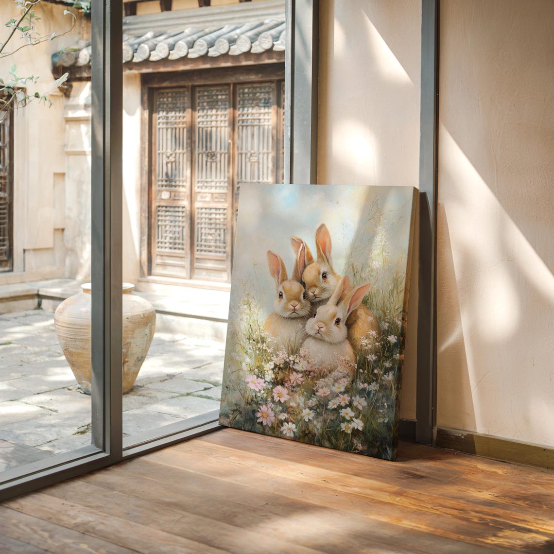 Three Baby Rabbits Huddled Together in Blooming Wildflowers Poster - Image 6