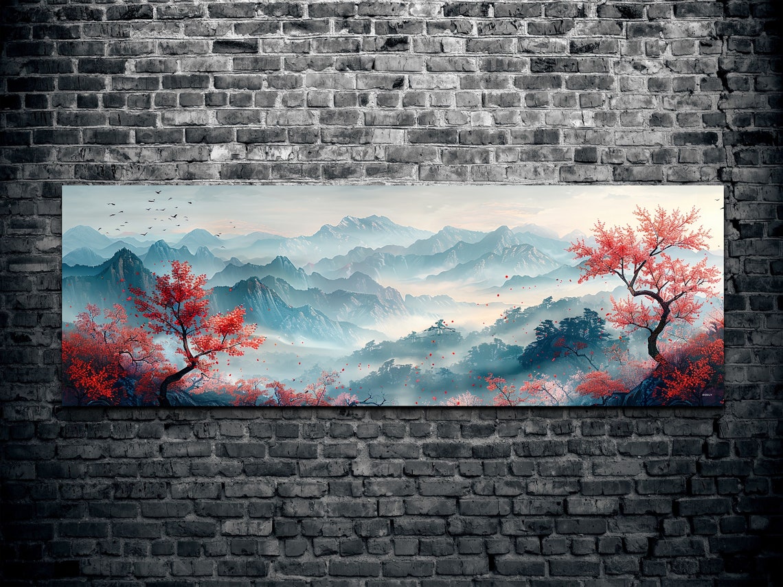 Red Leaf Trees in a Misty Blue Asian Mountain Landscape Poster - Image 2