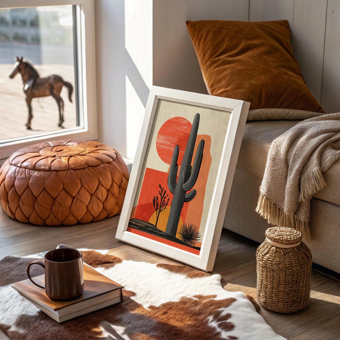 Geometric Saguaro Cactus With Red Sun Minimalist Desert Poster