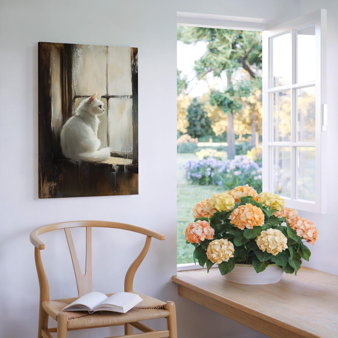 White Cat by a Dark Window Moody Vintage Animal Painting Poster - Image 5
