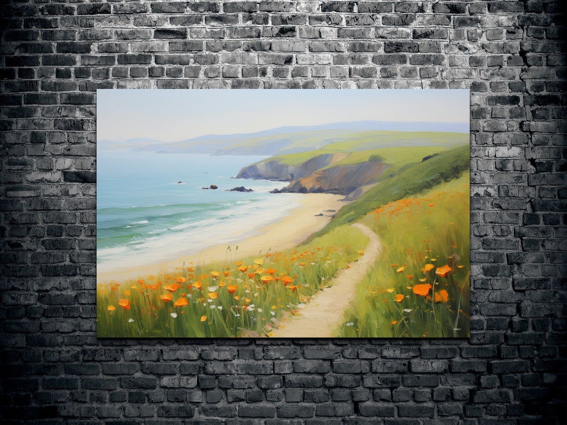 California Coast With Orange Poppies Above Sandy Beach Art Poster - Image 2