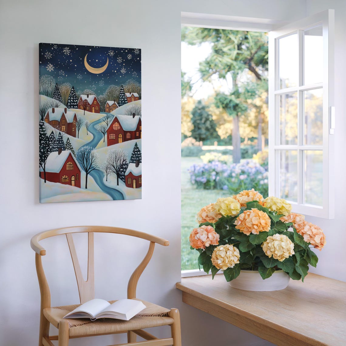 Cozy Snowy Village Winter Night Crescent Moon Starry Sky Poster - Image 5
