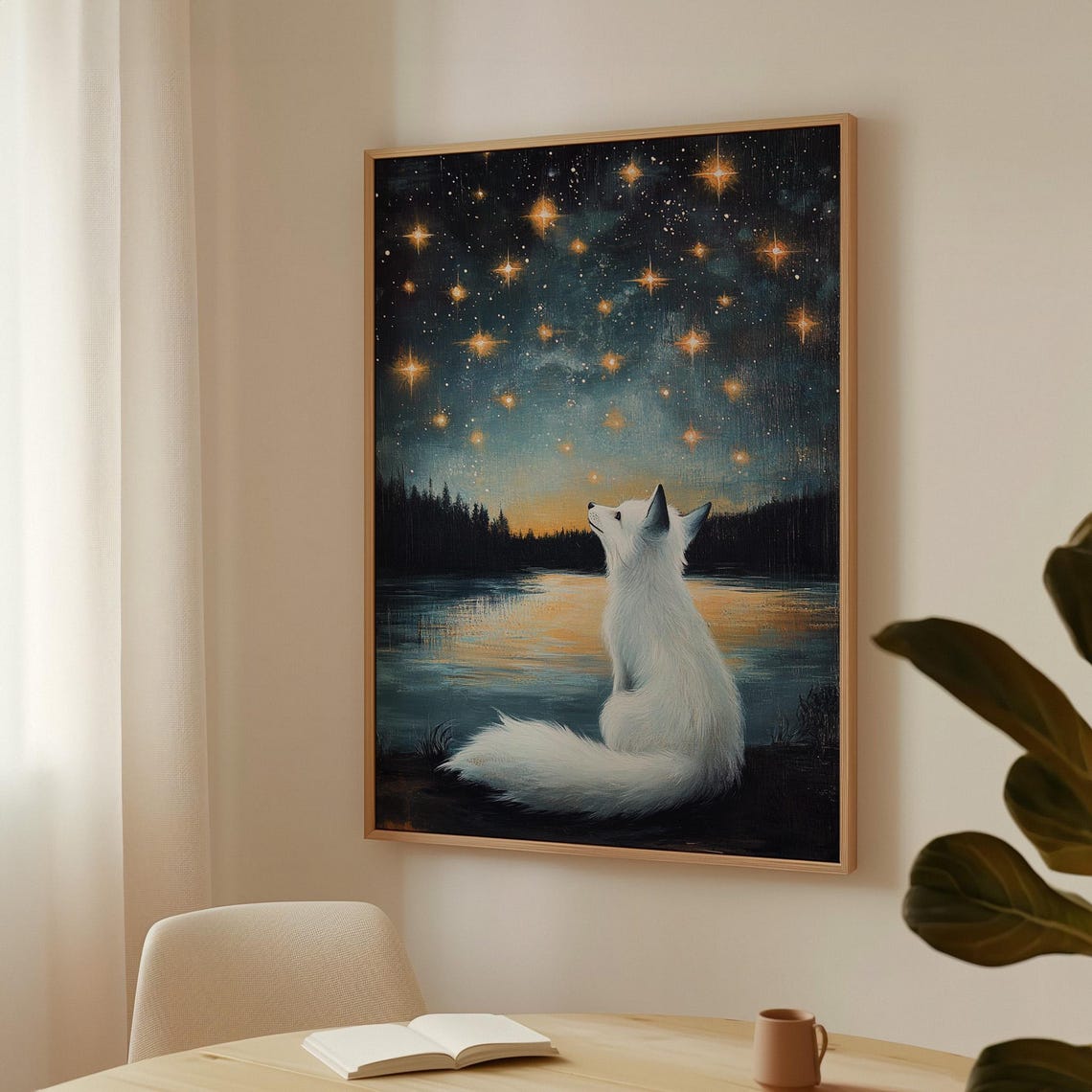Mystical White Fox Gazing At Starry Sky By Moonlit Lake Poster - Image 4