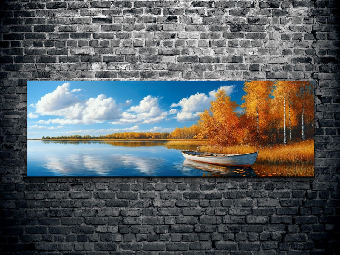 White Boat Drifting on Mirror Calm Autumn Lake Panoramic Poster - Image 2