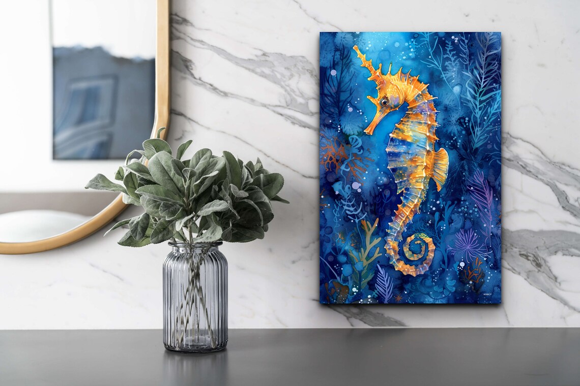 Golden Seahorse In Blue Coral Reef Underwater Ocean Art Poster