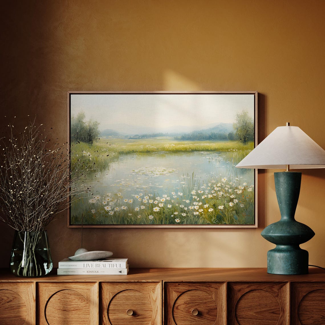 Tranquil Meadow Pond With Wild Daisies Serene Nature Wall Art For Peaceful And Elegant Home Or Office Decor - Image 4