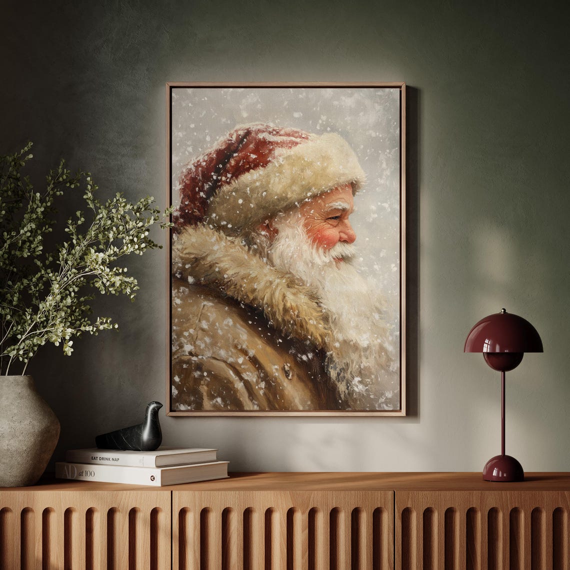 Santa Claus Profile In Falling Snow Vintage Holiday Portrait Wall Art - Image 4