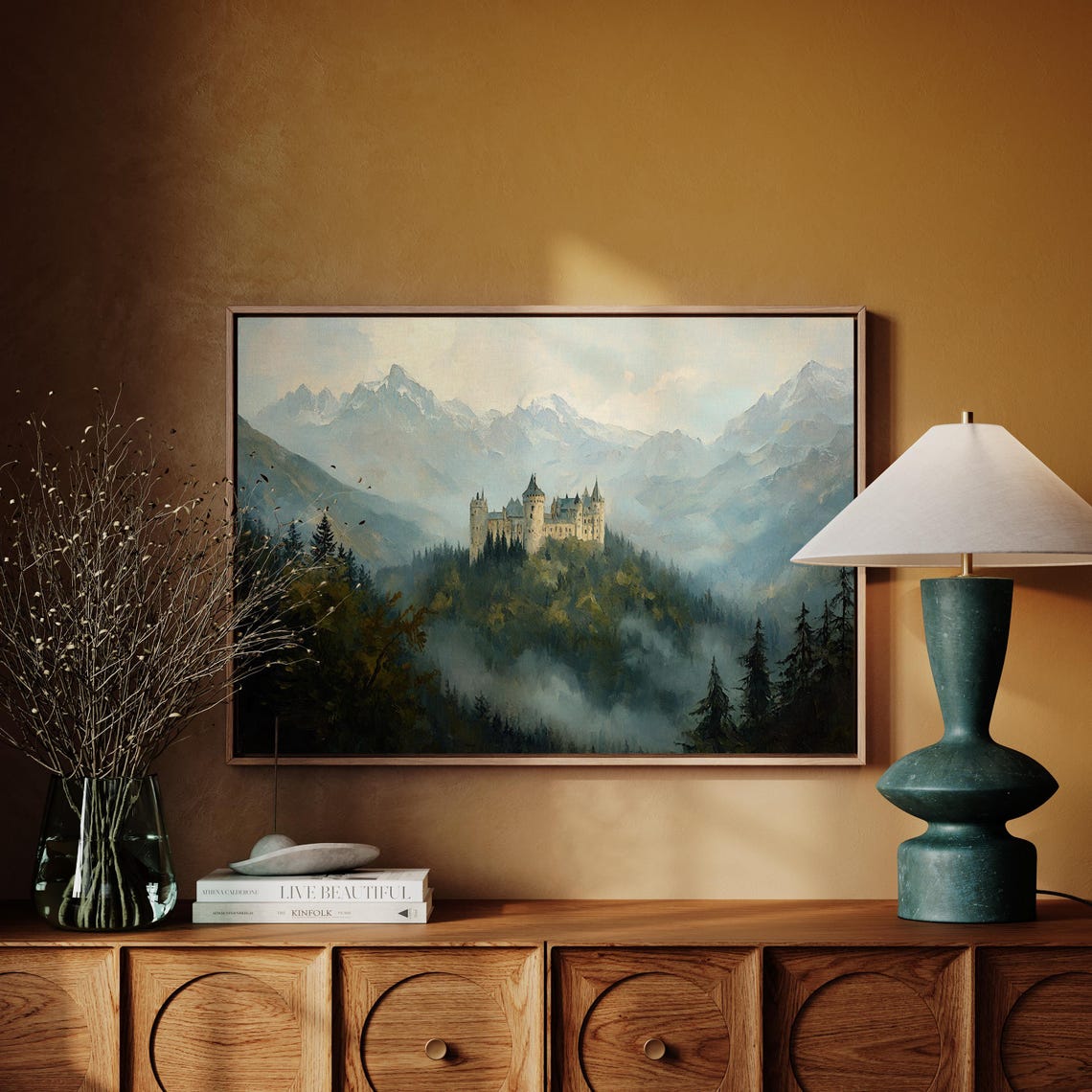 Fairytale Castle in Misty Mountains with Forest Valley Fantasy Poster - Image 7