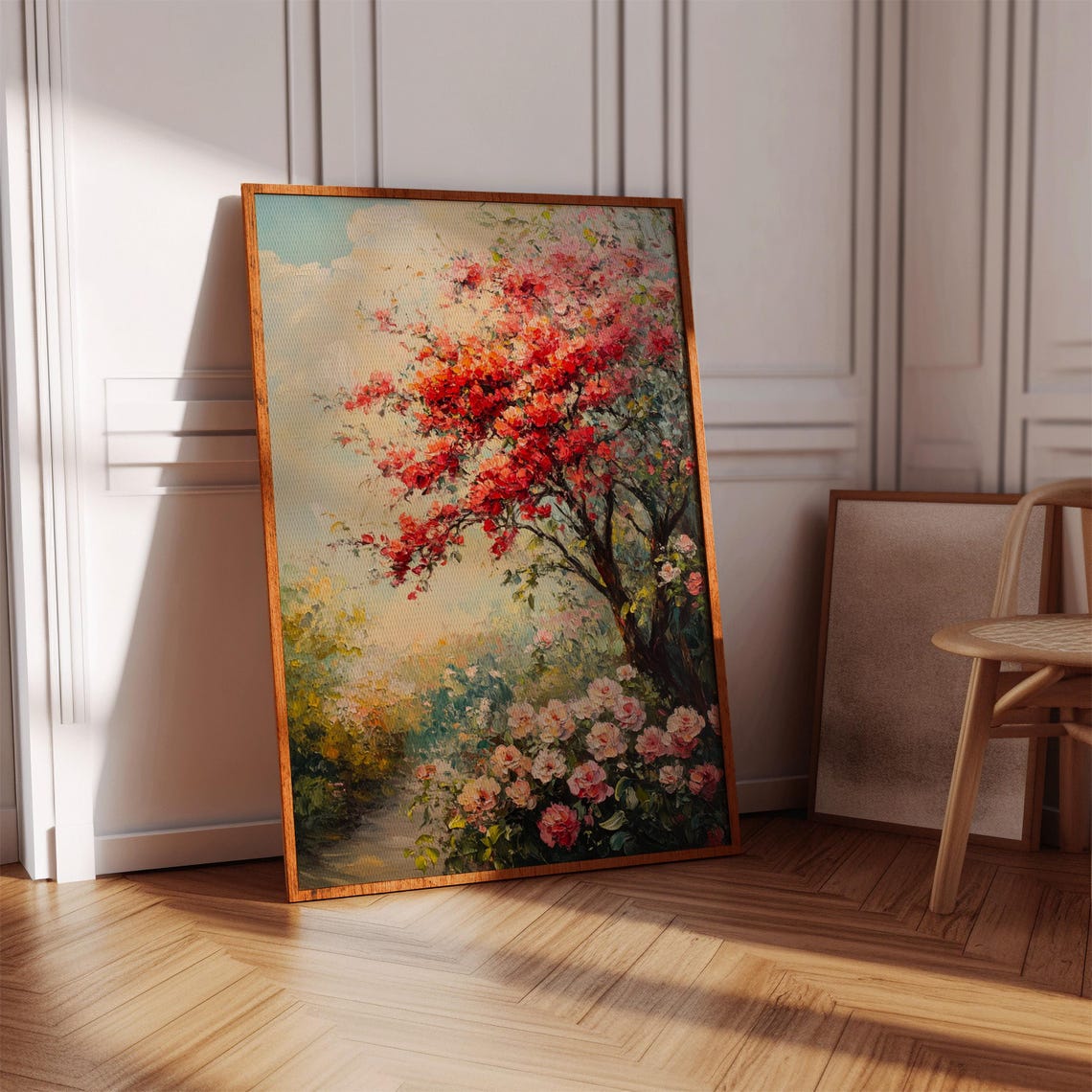 Red Blossom Tree With Pink Roses Impressionist Garden Scene Poster - Image 5
