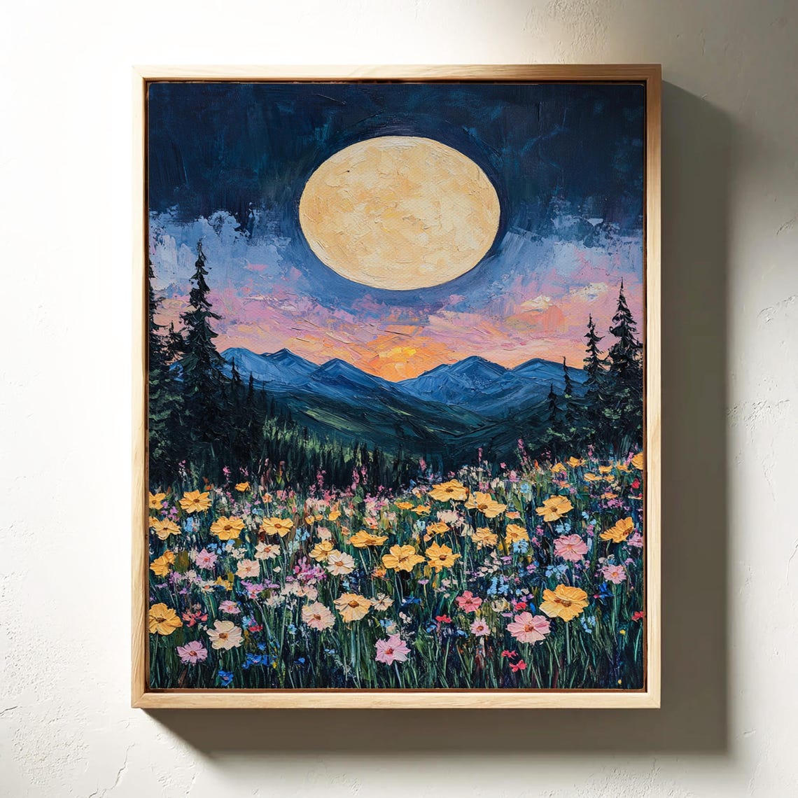 Moonlit Wildflower Meadow Vibrant Night Landscape Full Moon Poster
