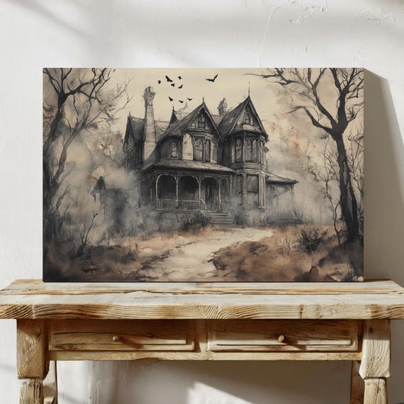Vintage Haunted Victorian Mansion Art Print Gothic Spooky House Illustration Halloween Wall Decor Creepy Home Canvas
