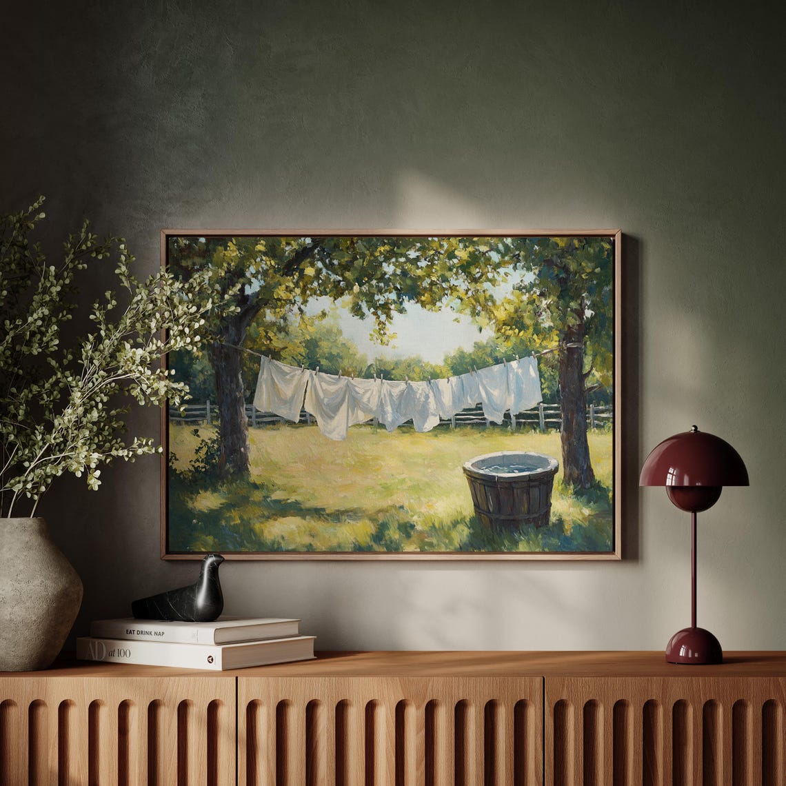 Country Clothesline Vintage Oil Painting, Art Print - Image 4