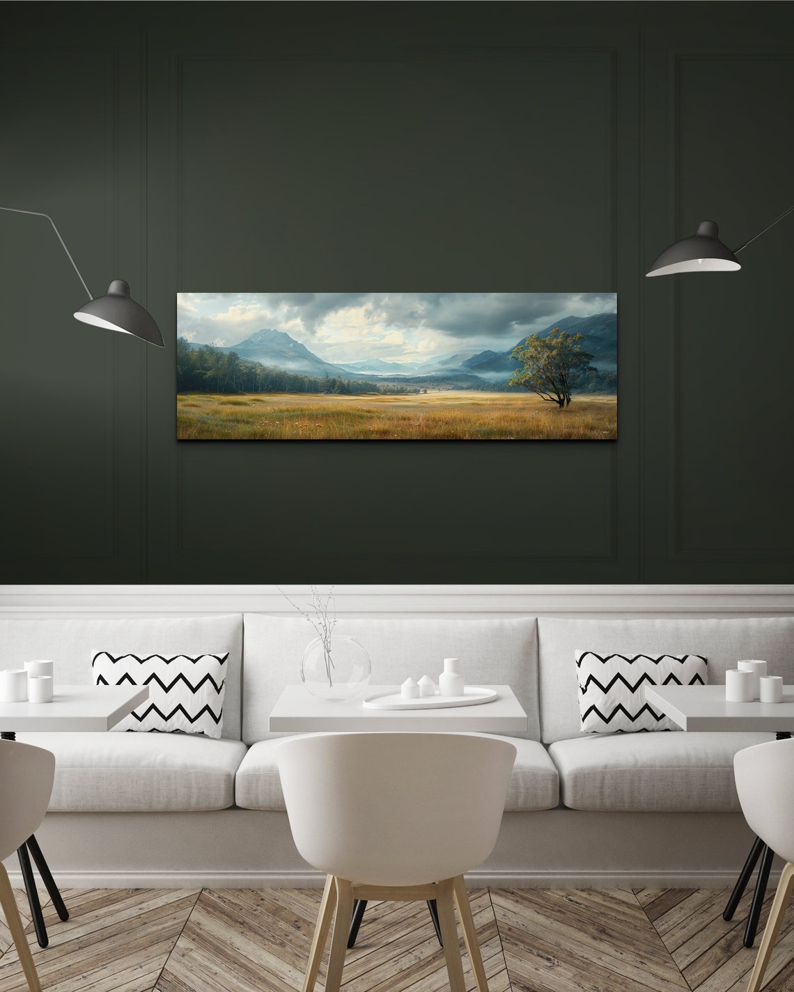Cloudy Mountain Valley Golden Meadow Lone Tree Landscape Wall Poster - Image 7
