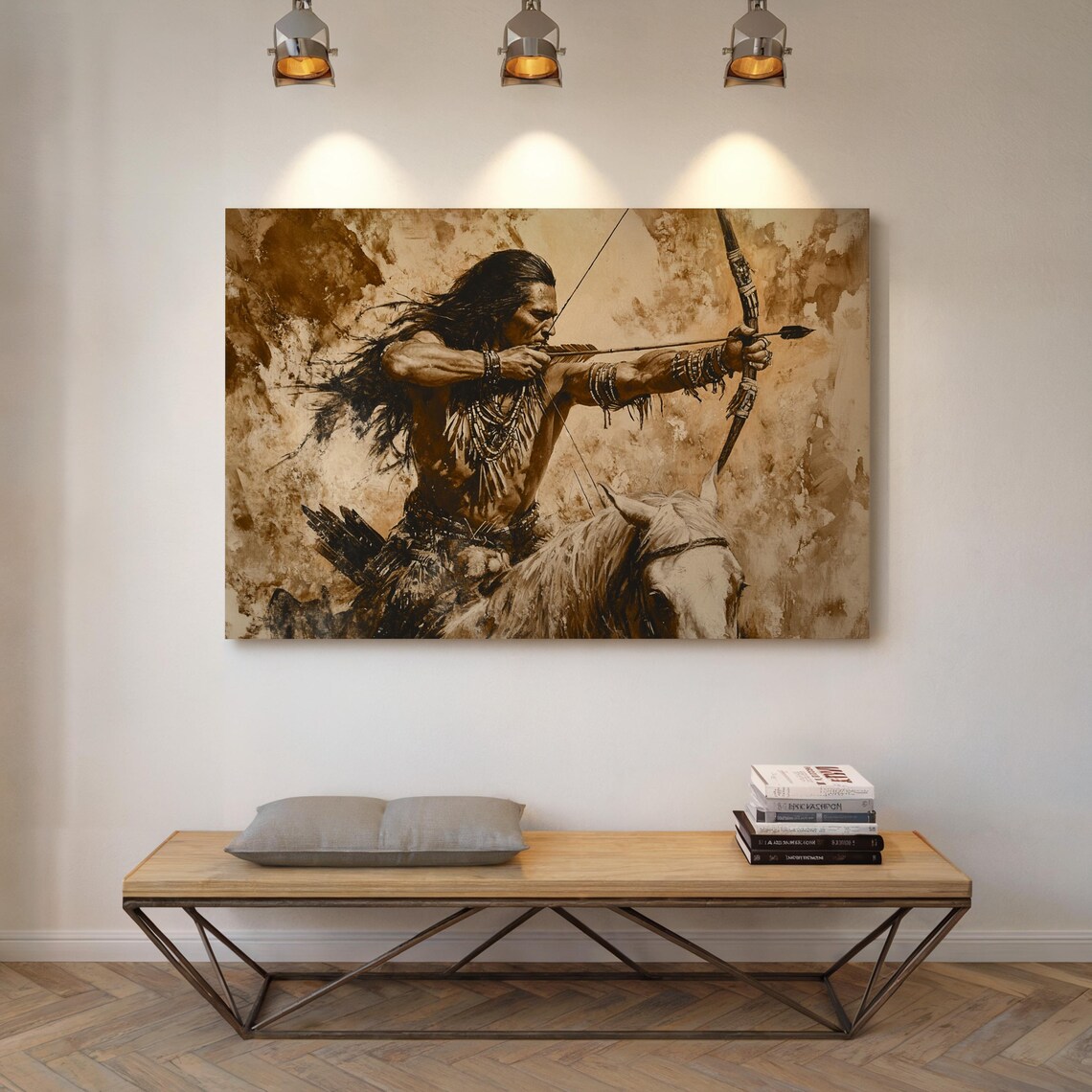 Native Warrior Archer On Horseback, Rustic Boho Wall Art - Image 5