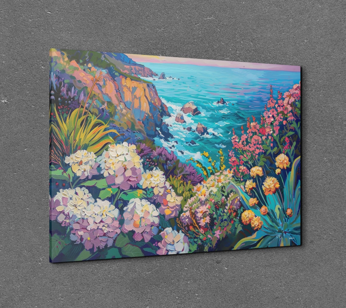 Cliffside Flowers Over Turquoise Ocean Vibrant Coastal Poster - Image 3