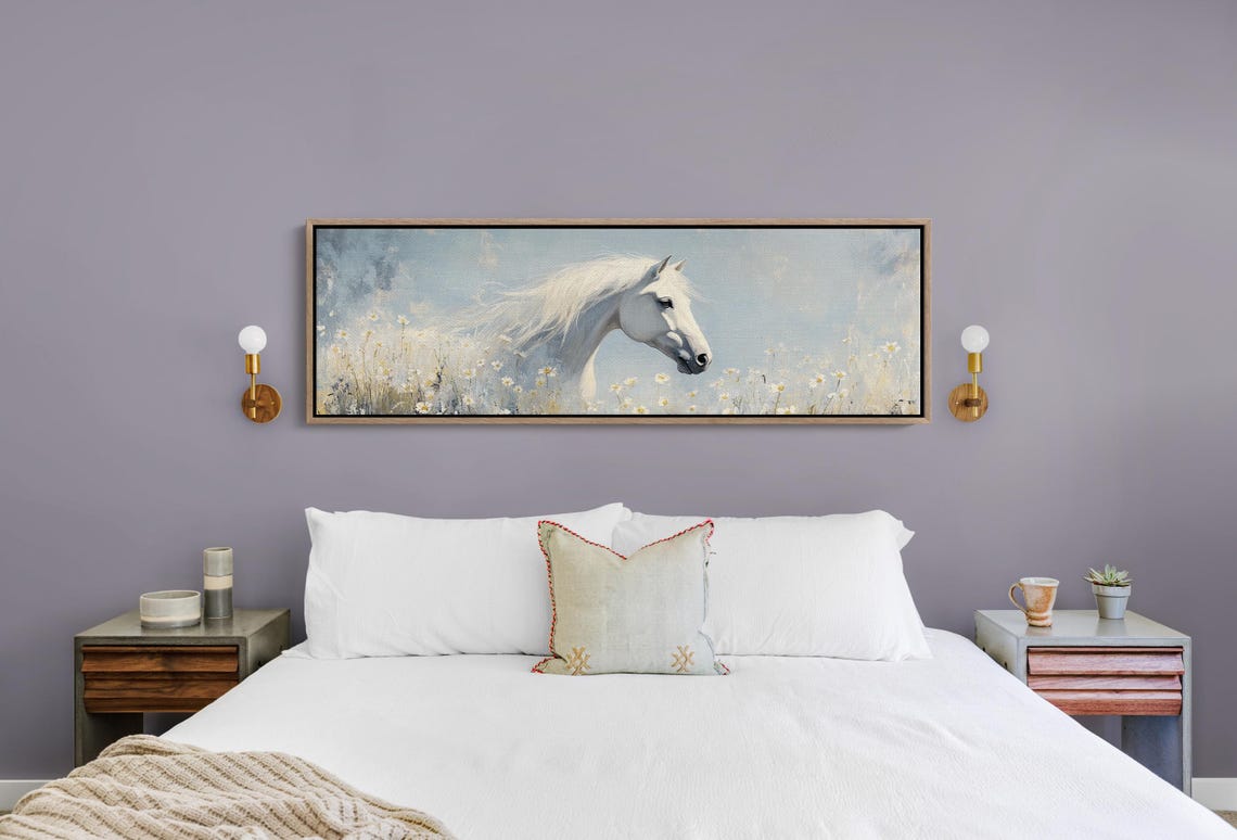 White Horse Daisy Field Profile Serene Equine Panorama Poster - Image 4