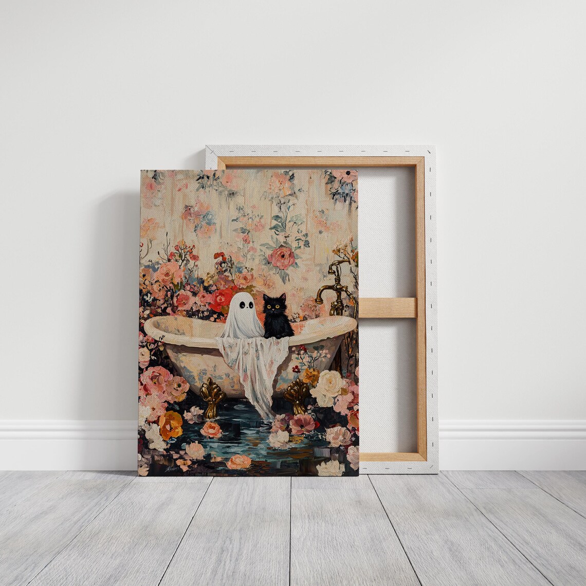 Whimsical Ghost and Cat Floral Bathtub Wall Art Print - Image 2
