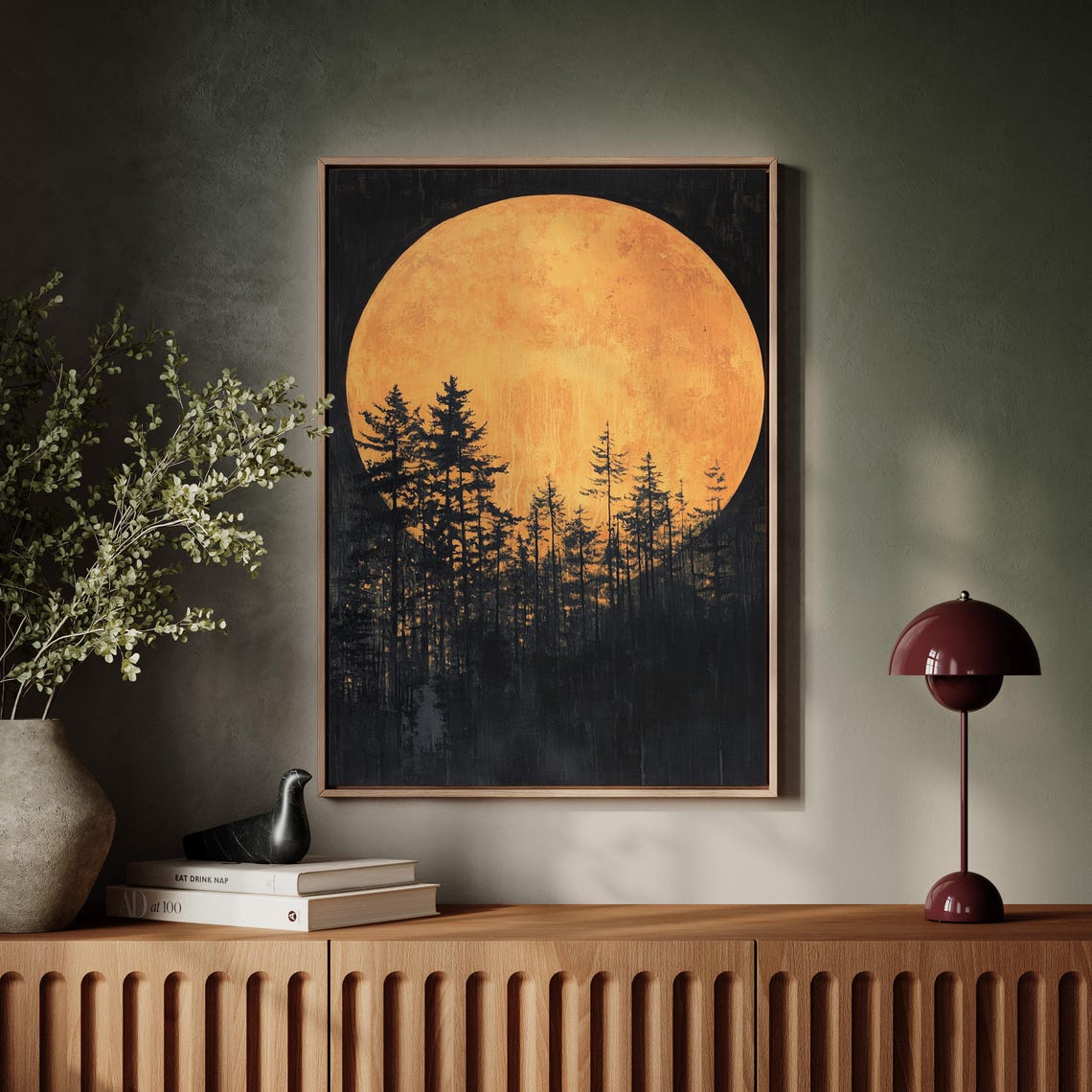 Orange Full Moon Art Mystical Forest Night Scene With Silhouetted Trees Celestial Wall Decor For Serene Ambiance - Image 6