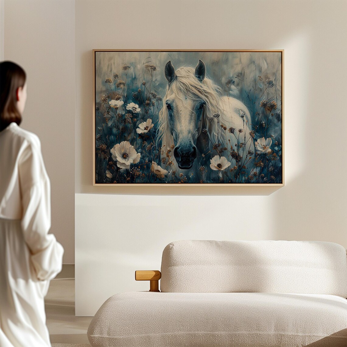White Horse and Wild Flowers Landscape Art Print - Image 6