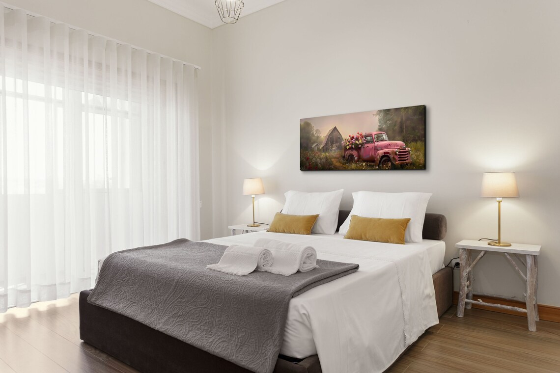 Pink Pickup On A Farm, Panoramic Art Print - Image 4