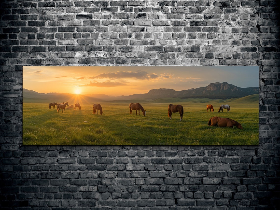 Wild Horses Grazing Meadow Sunset Mountain Panoramic Photo Poster - Image 2
