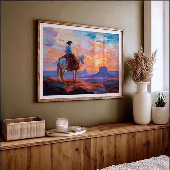 Cowboy On Horseback Watching Desert Sunset