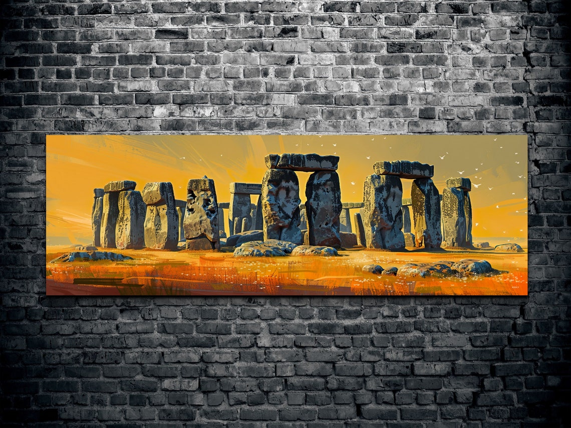 Stonehenge Golden Sunset Sky with Birds Flying Panorama Wall Art - Image 2