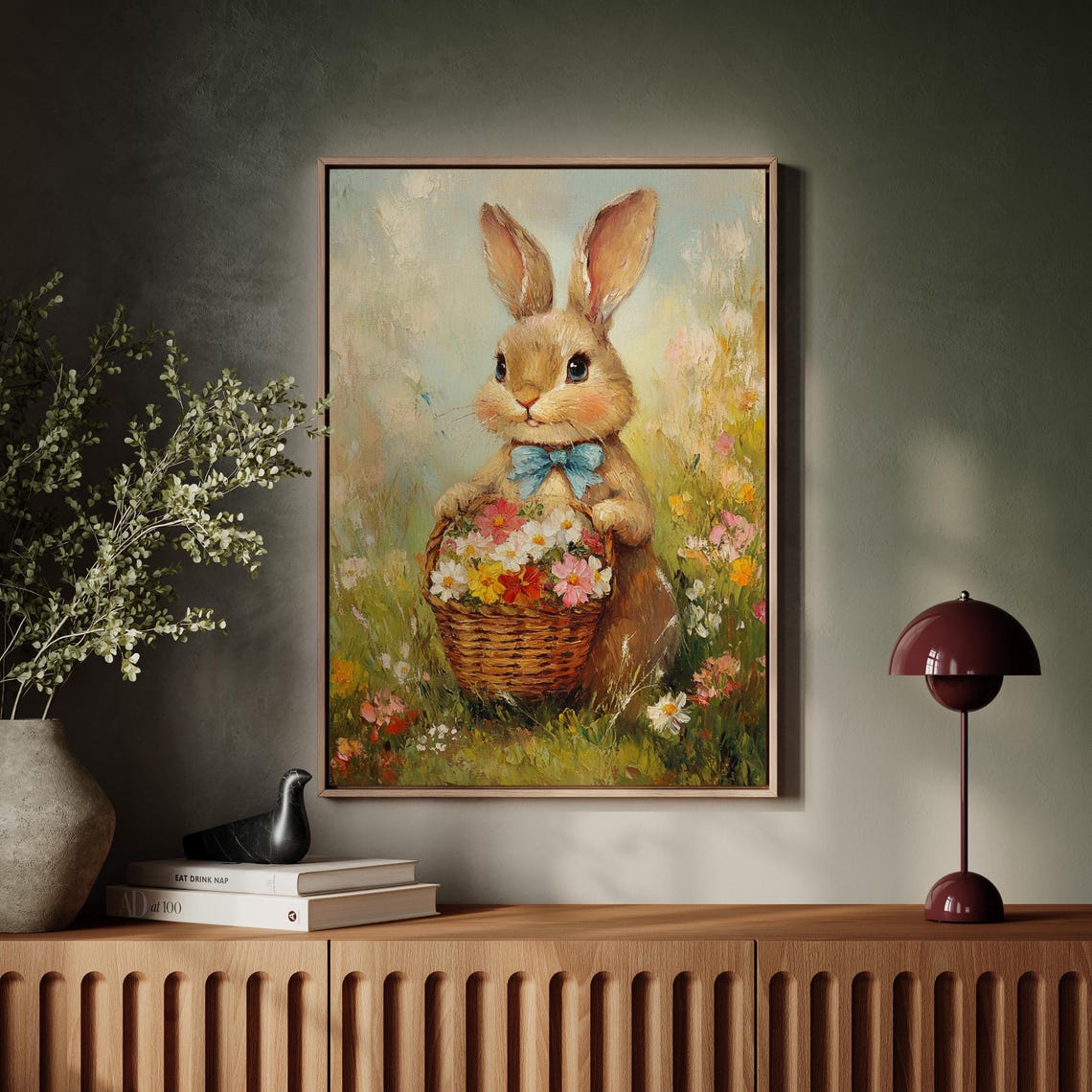 Sweet Bunny With Blue Ribbon Bow And Colorful Flower Basket Poster - Image 5