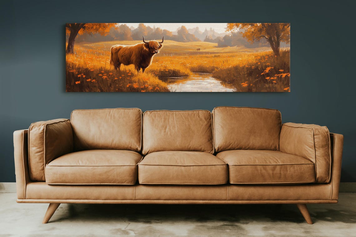 Highland Cow Autumn Meadow River Rustic Farmhouse Landscape Poster - Image 5