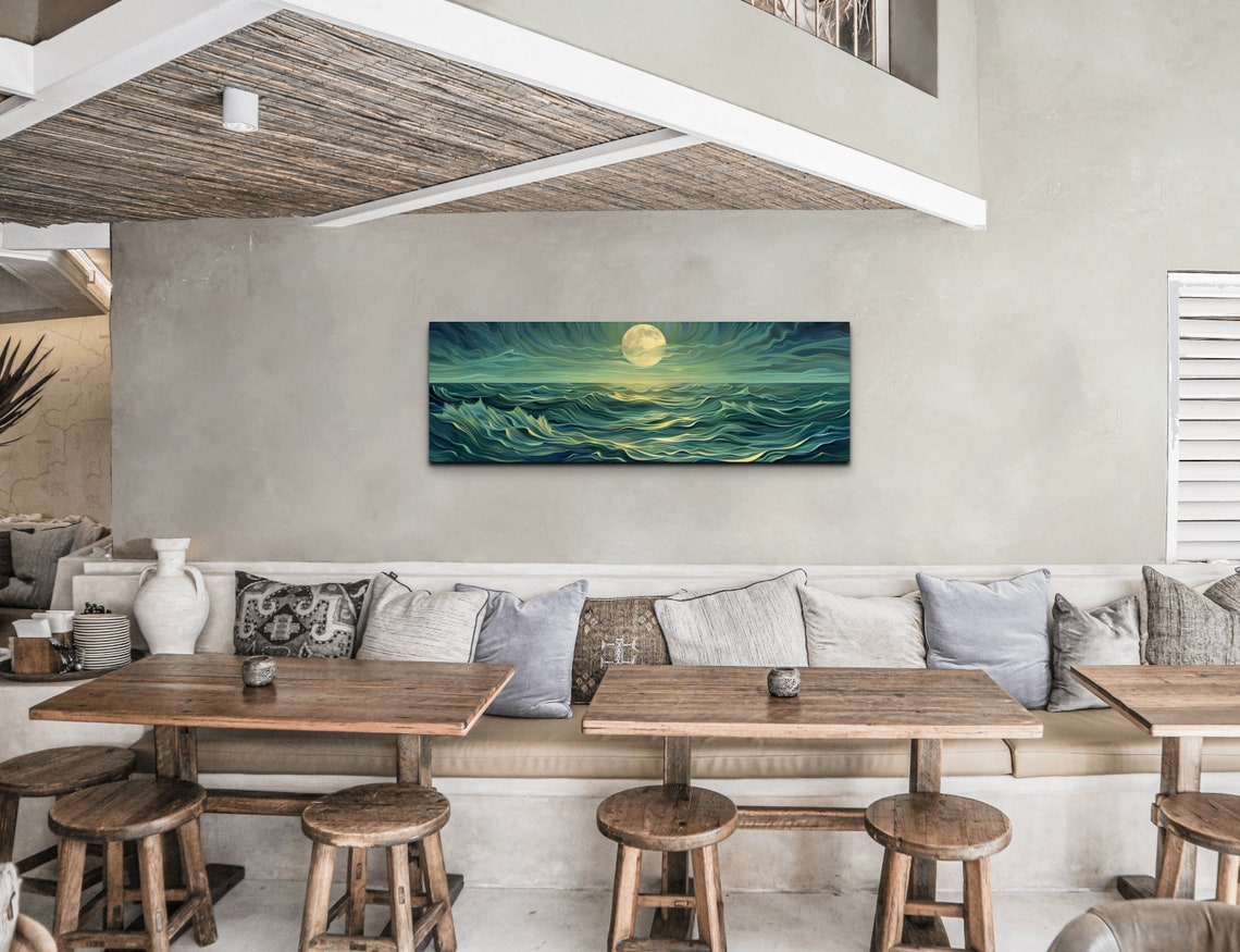 Glowing Full Moon Over Teal Waves Stylized Night Ocean Poster - Image 6