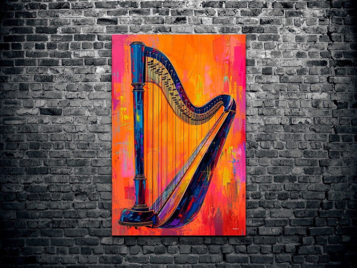 Pop Art Harp Blue Orange Modern Musical Instrument Decor Wall Art - Image 2