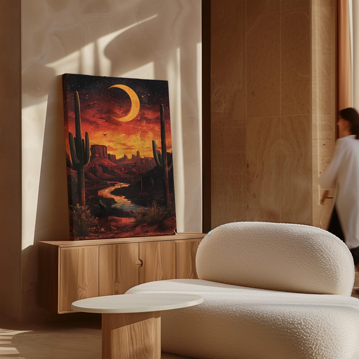 Desert Canyon Under Giant Crescent Moon River Landscape Poster - Image 4