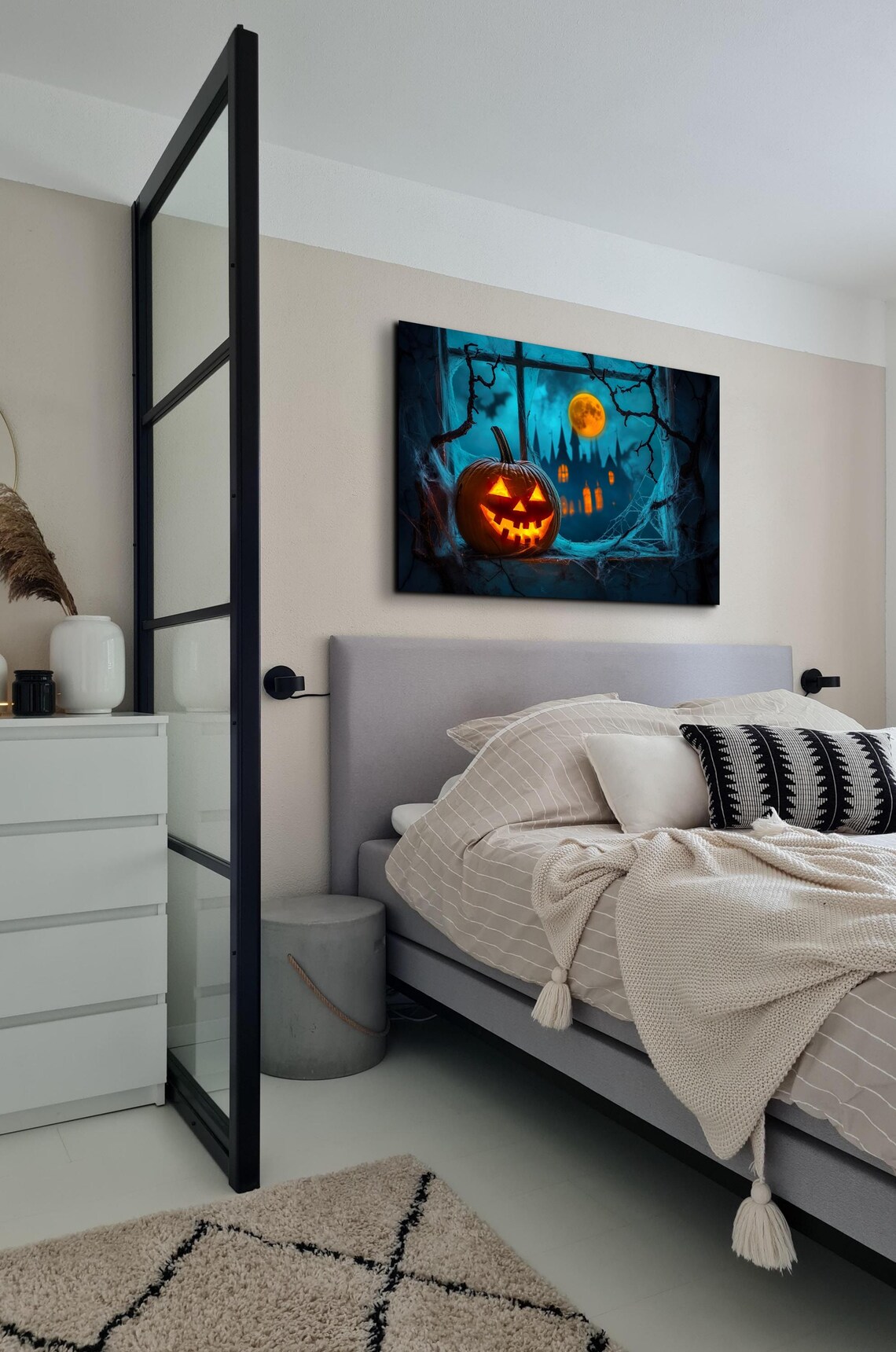Jack O Lantern Glowing on Window Ledge Under a Teal Moonlit Night Poster - Image 7