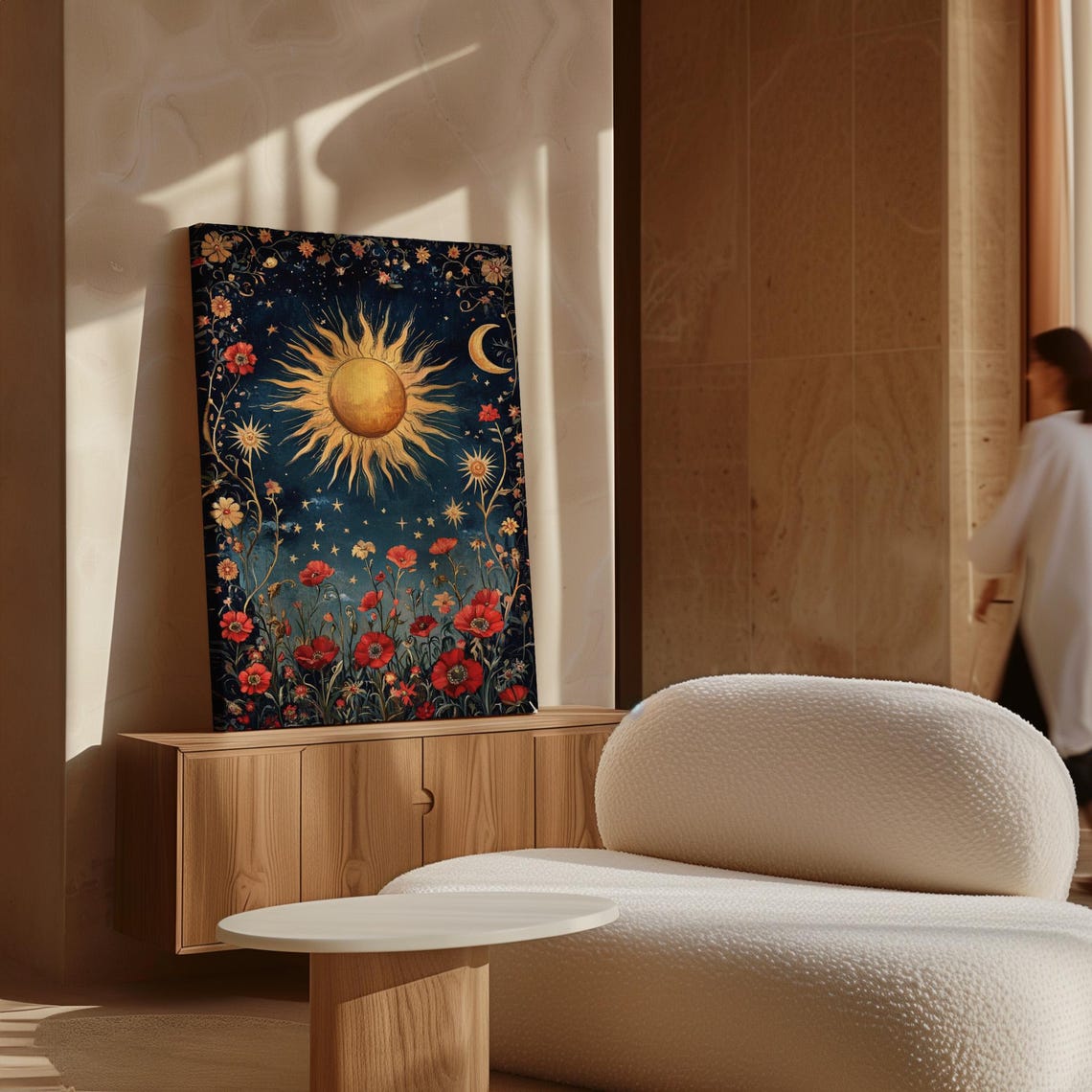 Celestial Sun And Moon With Red Florals On Starry Night Poster - Image 6