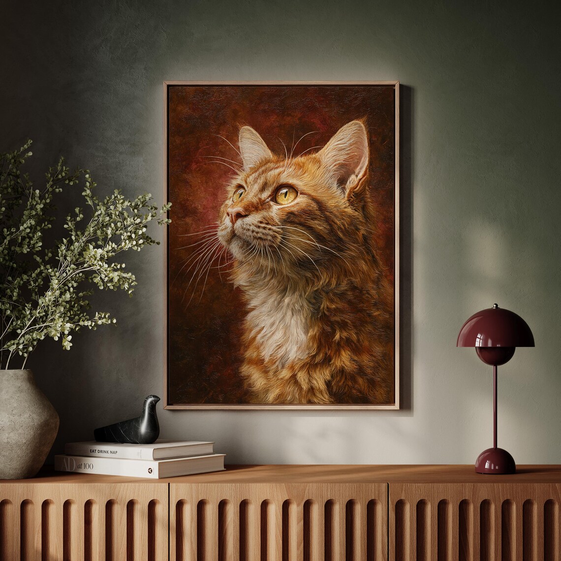 Golden Tabby Cat Portrait in Warm Tones Realistic Oil Painting Art Poster