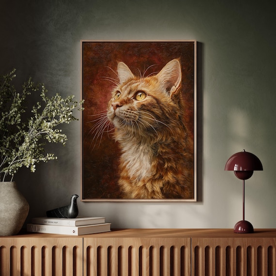 Golden Tabby Cat Portrait in Warm Tones Realistic Oil Painting Art Poster
