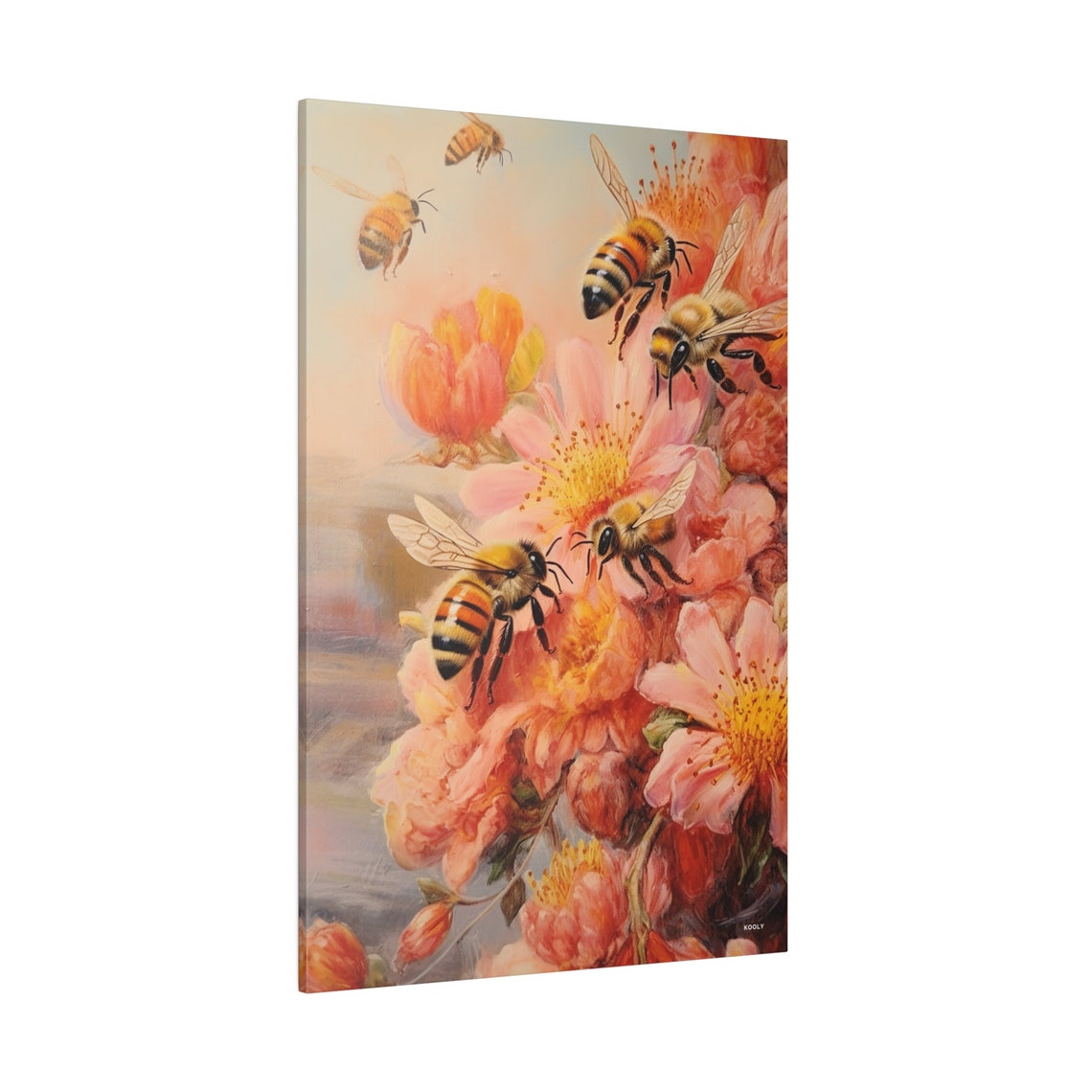 Honeybee Garden Pink Peony Blossoms Botanical Bee Art Poster - Image 2