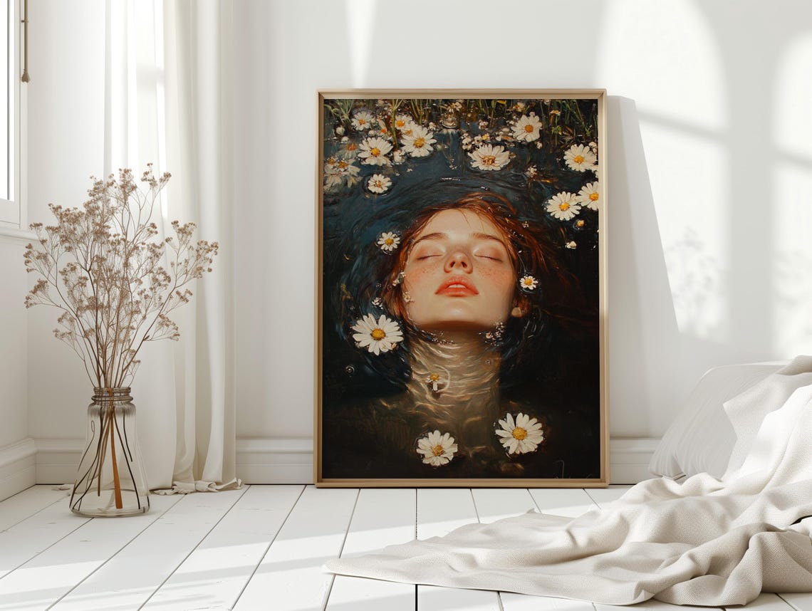 Dreamy Redhead Floating In Dark Water With Daisies Art Print